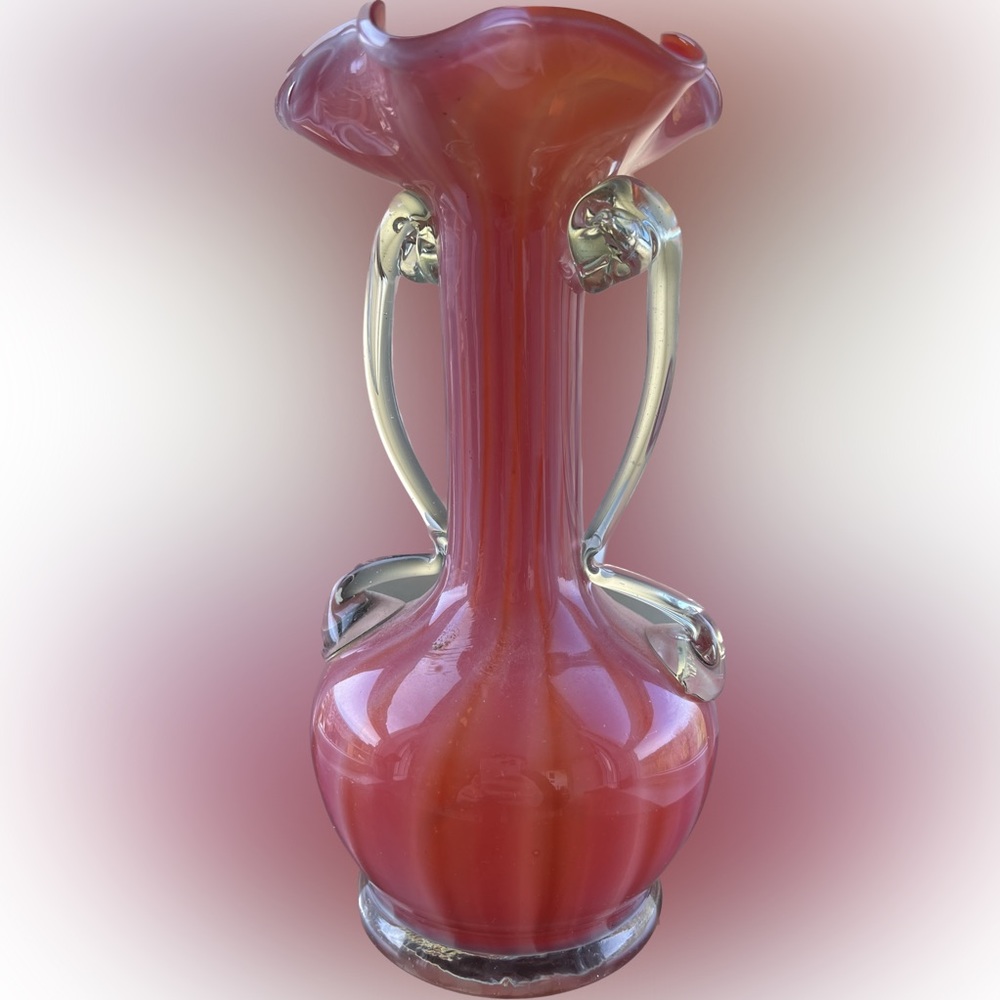 Hand blown burnt orange & white striped ruffle vase with decorative handles.